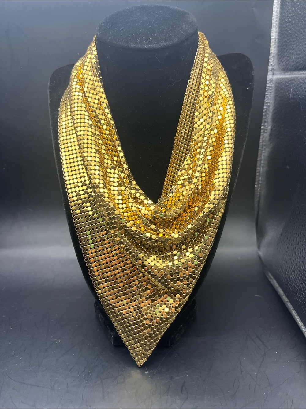 Vintage Gold tone Mesh bib Statement Necklace - 70s Whiting & Davis cowl